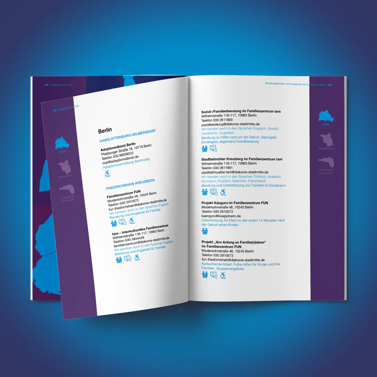 Diakonisches Werk Berlin-Brandenburg-schlesische Oberlausitz e.V. – Gestaltung, Layout, automatische Satzgenerierung, Icon-Entwicklung und Erstellung eines barrierefreien PDFs.